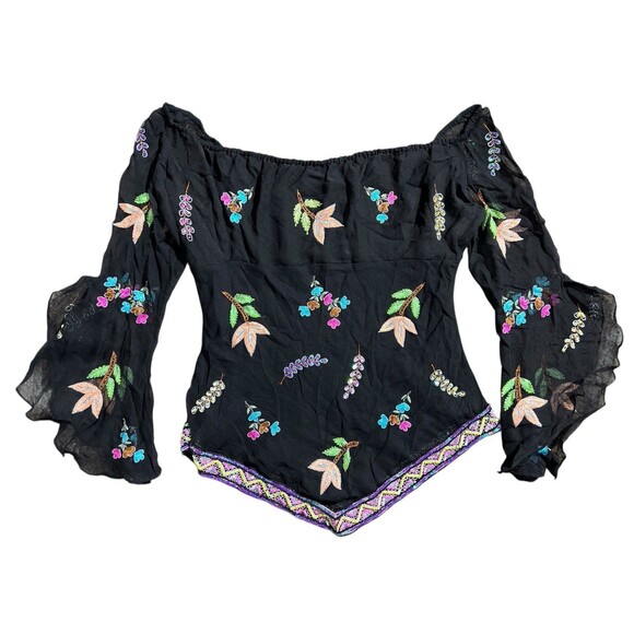 Boston Proper Silk Sheer Embroidered Sequin Off Shoulder Top Women's Sz S Fairy - Picture 1 of 11